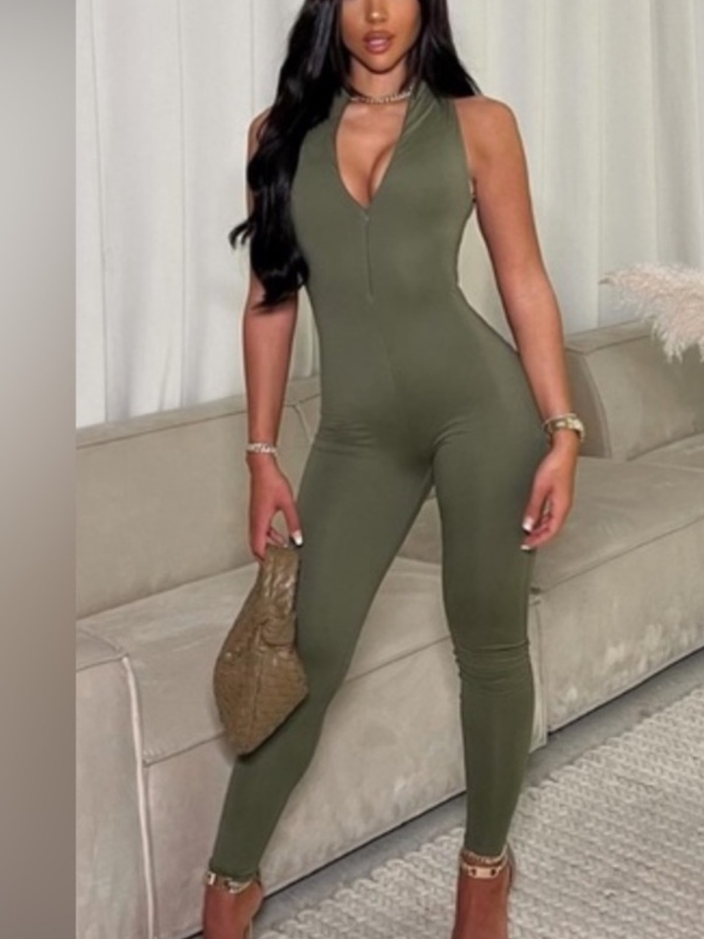 naked wardrobe Olive Green Sleeveless Zip-Front Jumpsuit